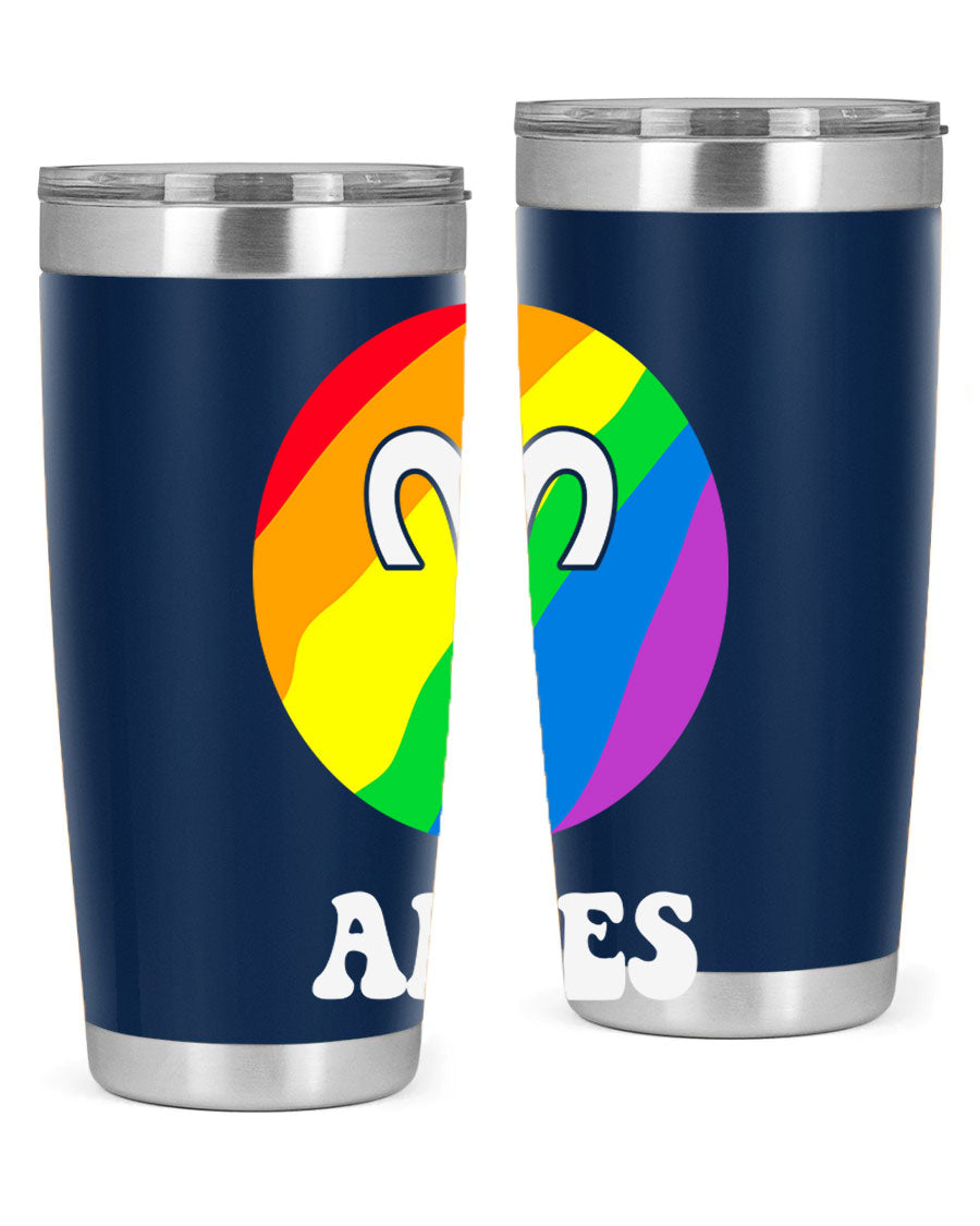 Aries LGBT Pride Tumbler in vibrant colors, showcasing its double wall vacuum stainless steel design and drink-thru lid.
