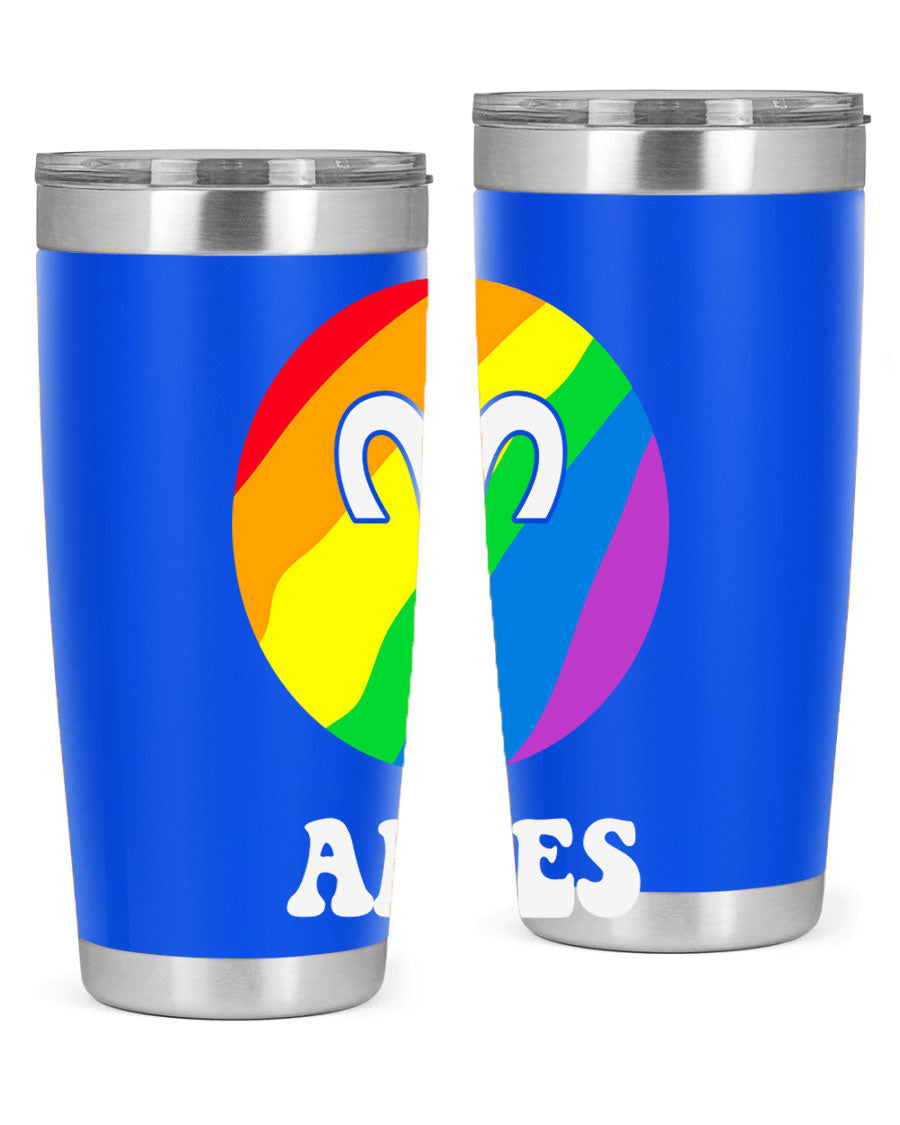 Aries LGBT Pride Tumbler in vibrant colors, showcasing its double wall vacuum stainless steel design and drink-thru lid.