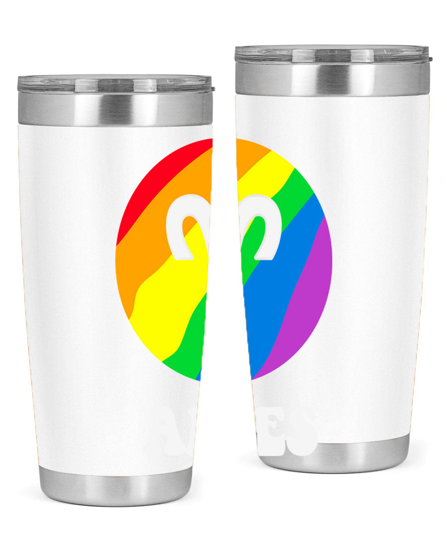 Aries LGBT Pride Tumbler in vibrant colors, showcasing its double wall vacuum stainless steel design and drink-thru lid.