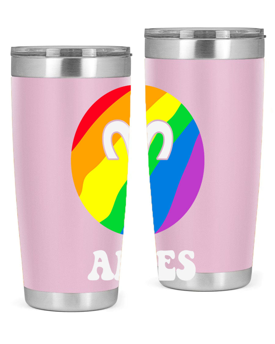Aries LGBT Pride Tumbler in vibrant colors, showcasing its double wall vacuum stainless steel design and drink-thru lid.