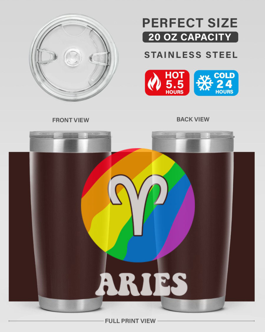 Aries LGBT Pride Tumbler in vibrant colors, showcasing its double wall vacuum stainless steel design and drink-thru lid.