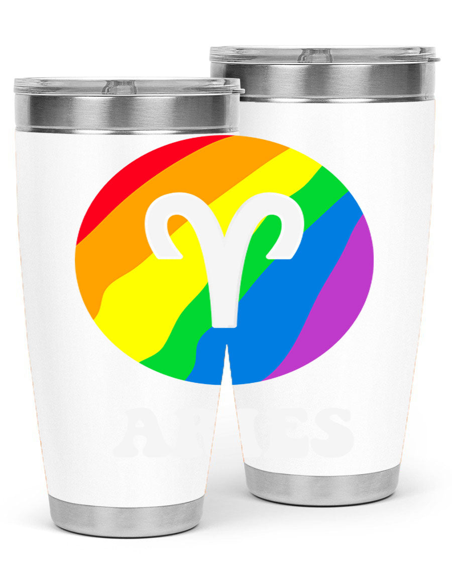 Aries LGBT Pride Tumbler in vibrant colors, showcasing its double wall vacuum stainless steel design and drink-thru lid.