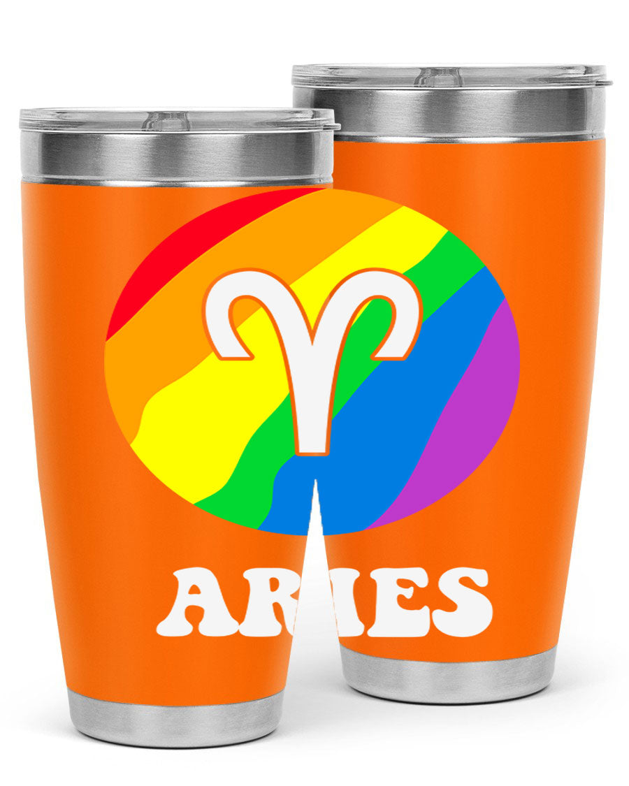 Aries LGBT Pride Tumbler in vibrant colors, showcasing its double wall vacuum stainless steel design and drink-thru lid.