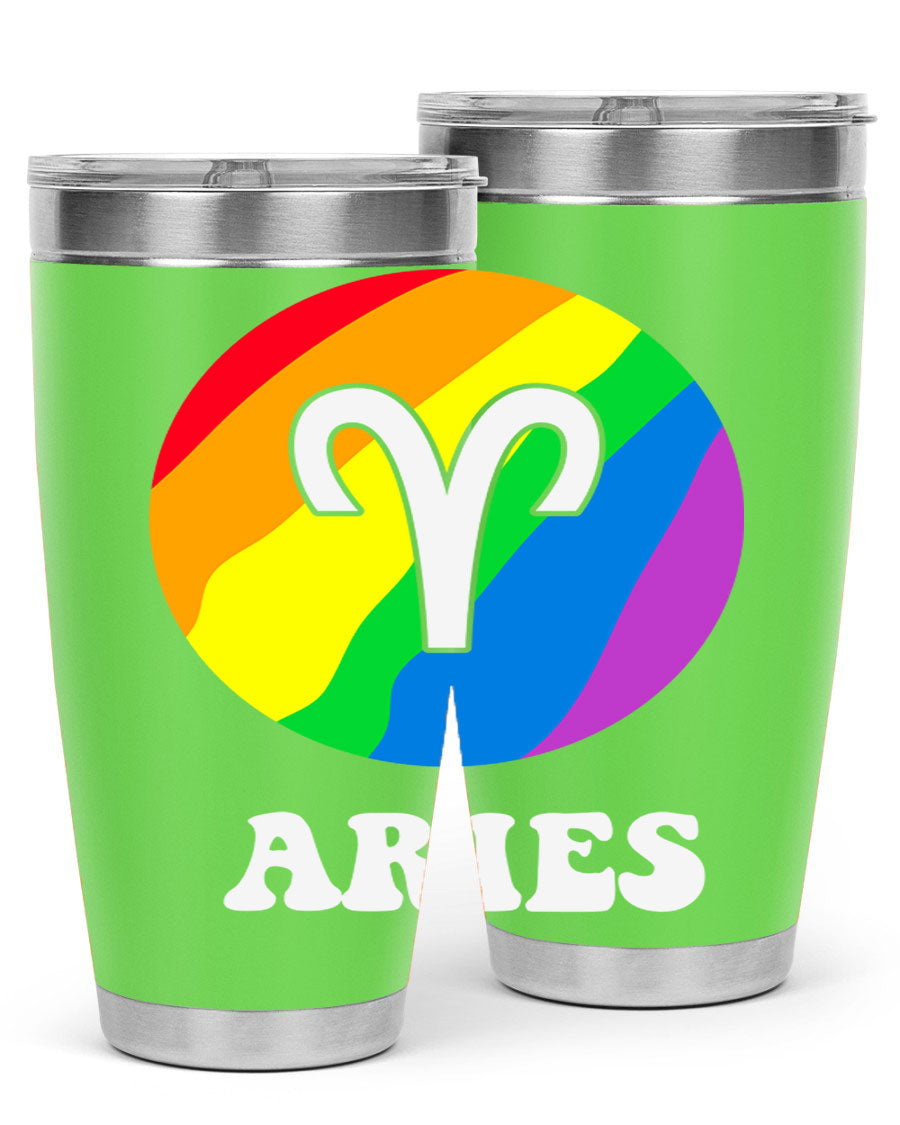 Aries LGBT Pride Tumbler in vibrant colors, showcasing its double wall vacuum stainless steel design and drink-thru lid.
