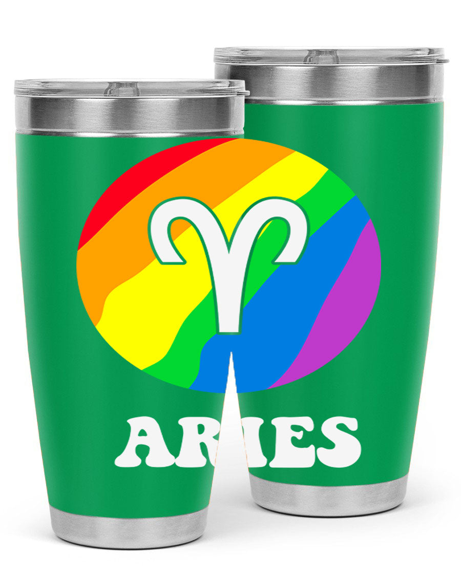 Aries LGBT Pride Tumbler in vibrant colors, showcasing its double wall vacuum stainless steel design and drink-thru lid.
