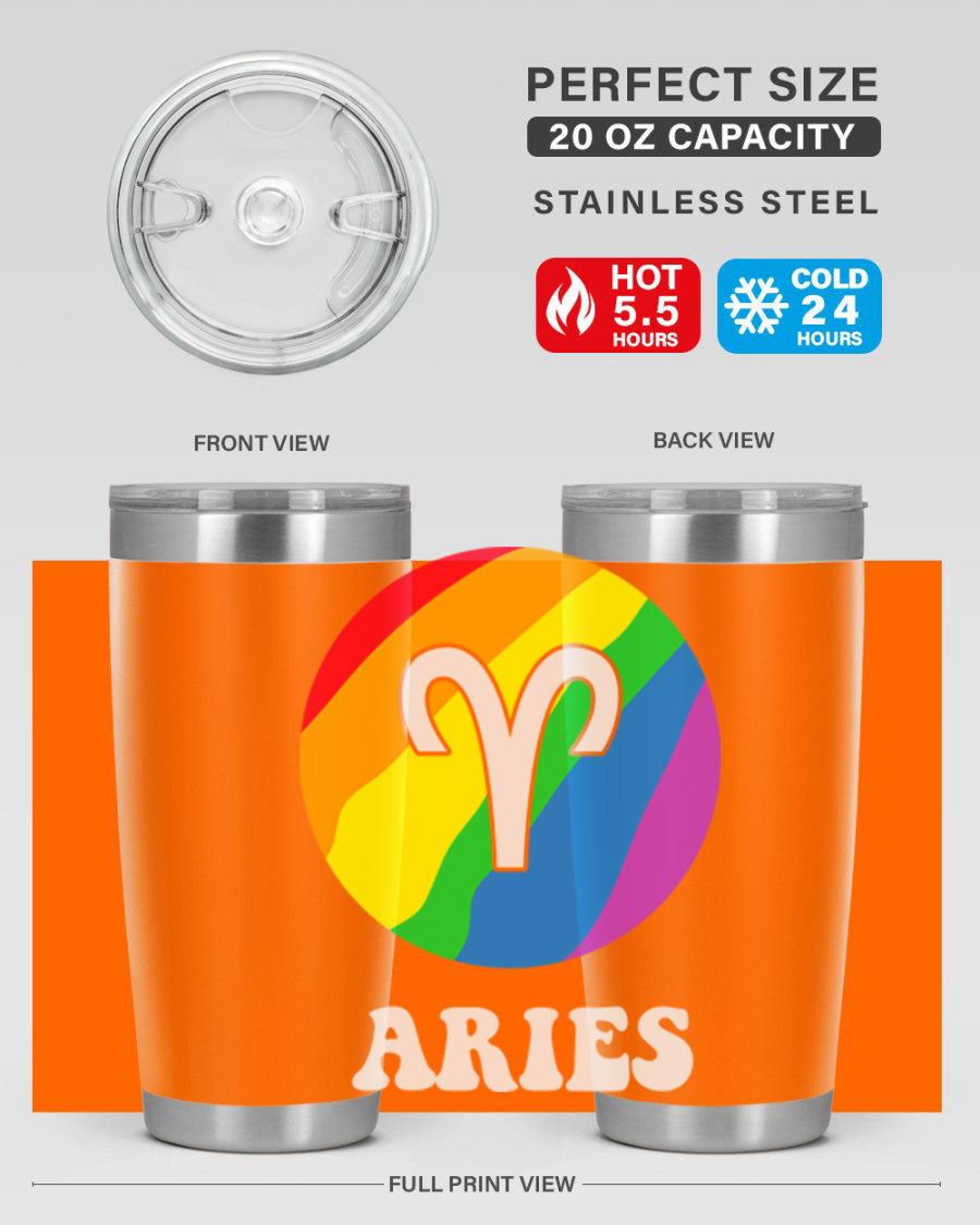 Aries LGBT Pride Tumbler in vibrant colors, showcasing its double wall vacuum stainless steel design and drink-thru lid.