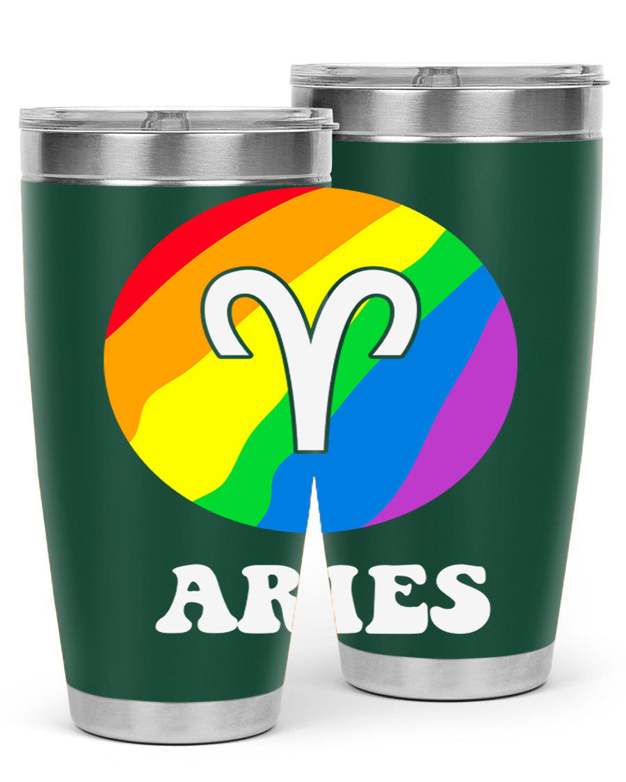 Aries LGBT Pride Tumbler in vibrant colors, showcasing its double wall vacuum stainless steel design and drink-thru lid.