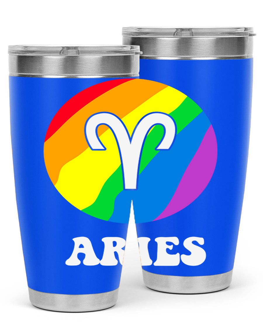 Aries LGBT Pride Tumbler in vibrant colors, showcasing its double wall vacuum stainless steel design and drink-thru lid.