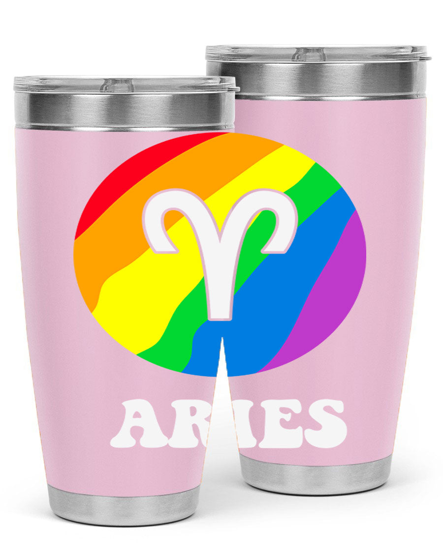 Aries LGBT Pride Tumbler in vibrant colors, showcasing its double wall vacuum stainless steel design and drink-thru lid.