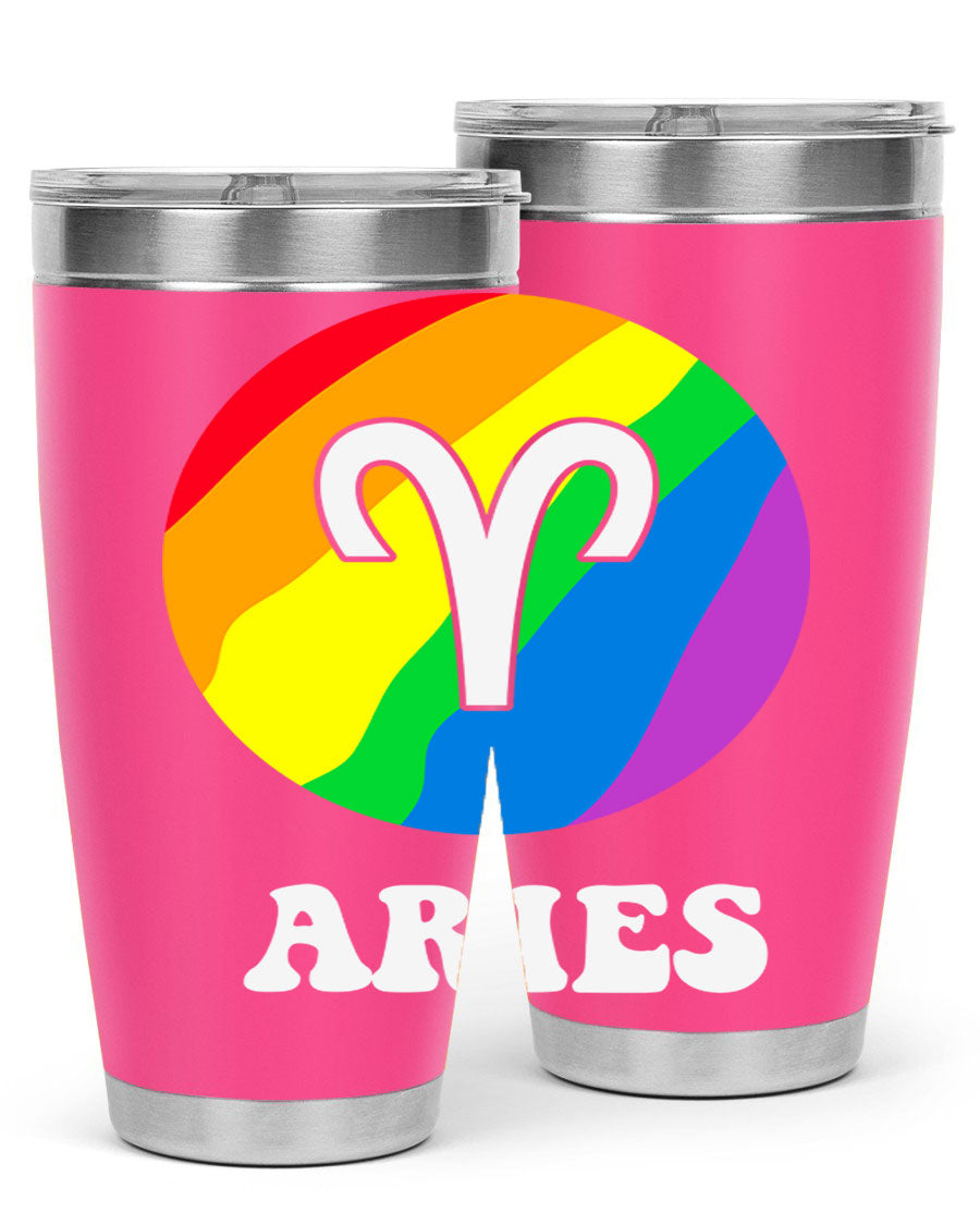 Aries LGBT Pride Tumbler in vibrant colors, showcasing its double wall vacuum stainless steel design and drink-thru lid.