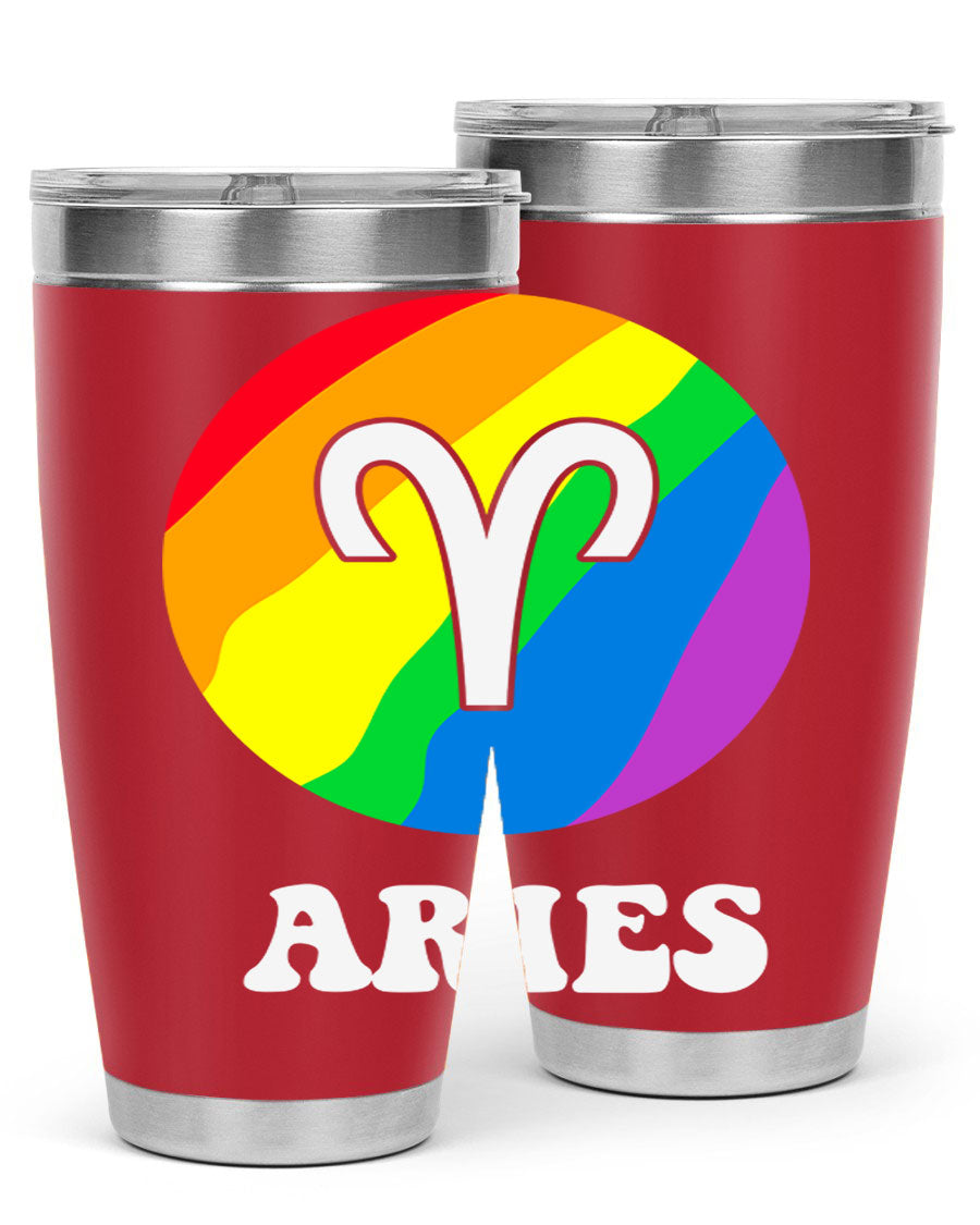 Aries LGBT Pride Tumbler in vibrant colors, showcasing its double wall vacuum stainless steel design and drink-thru lid.
