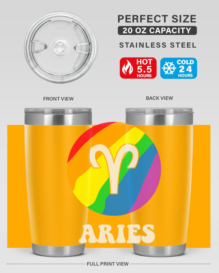 Aries LGBT Pride Tumbler in vibrant colors, showcasing its double wall vacuum stainless steel design and drink-thru lid.