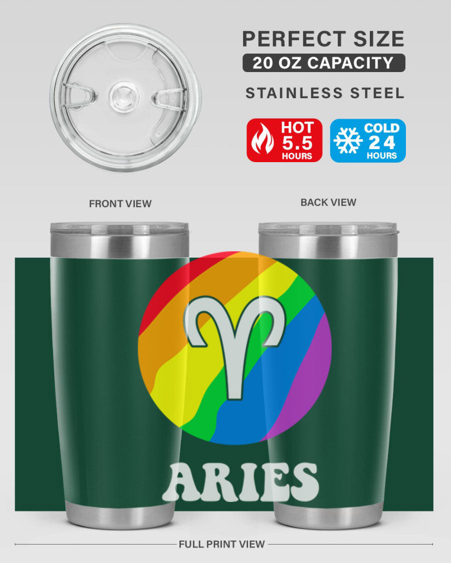 Aries LGBT Pride Tumbler in vibrant colors, showcasing its double wall vacuum stainless steel design and drink-thru lid.