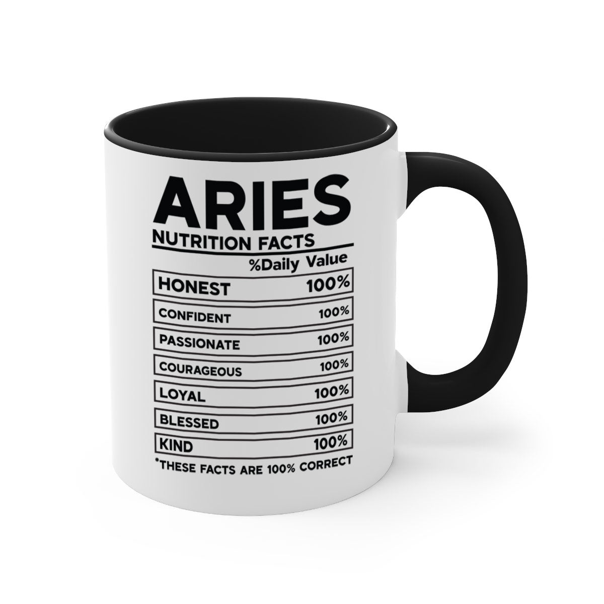Aries Nutrition Facts 97# Mug with colored handle and glossy finish, available in multiple colors and sizes.