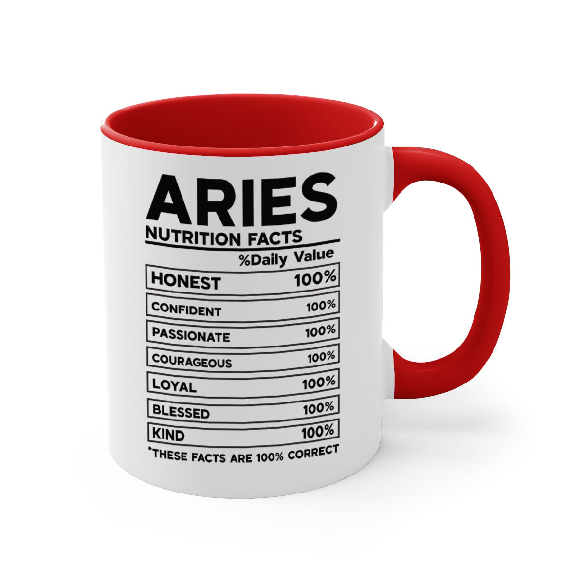 Aries Nutrition Facts 97# Mug with colored handle and glossy finish, available in multiple colors and sizes.