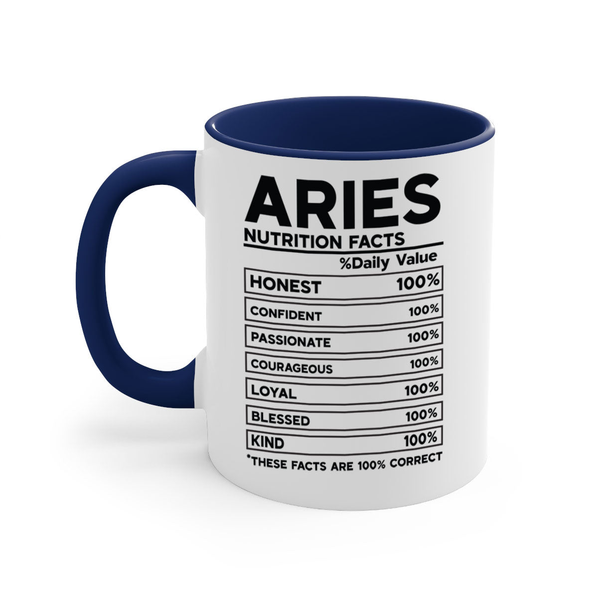 Aries Nutrition Facts 97# Mug with colored handle and glossy finish, available in multiple colors and sizes.