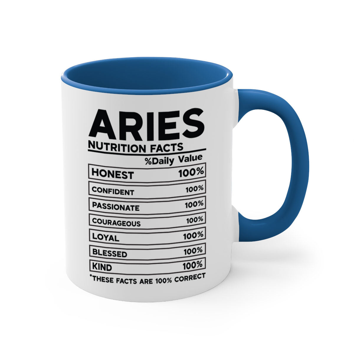 Aries Nutrition Facts 97# Mug with colored handle and glossy finish, available in multiple colors and sizes.