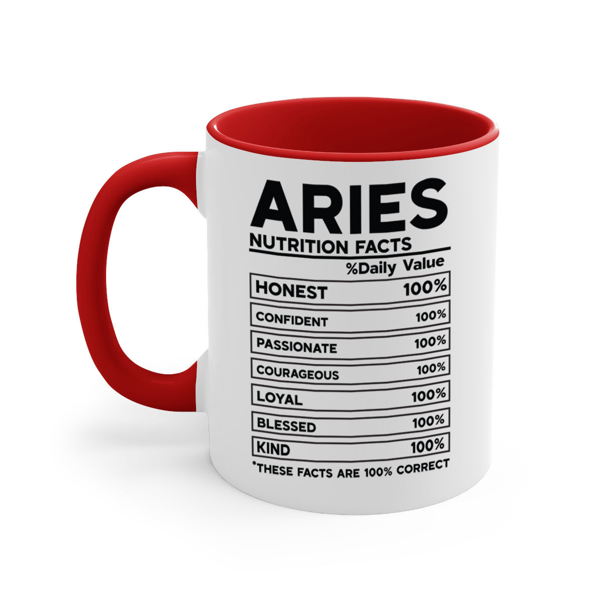 Aries Nutrition Facts 97# Mug with colored handle and glossy finish, available in multiple colors and sizes.