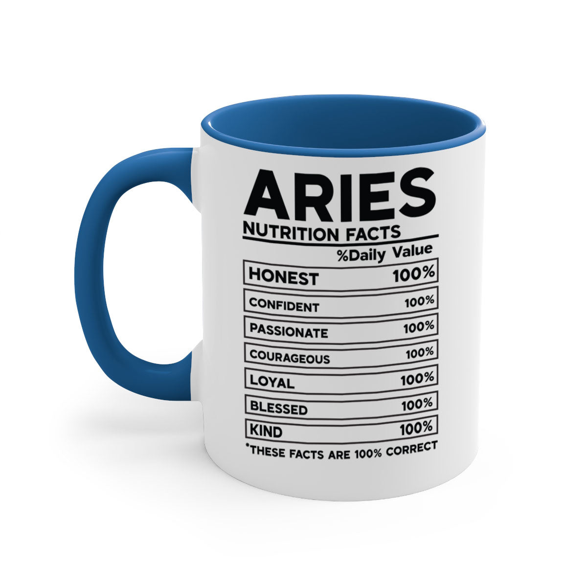 Aries Nutrition Facts 97# Mug with colored handle and glossy finish, available in multiple colors and sizes.