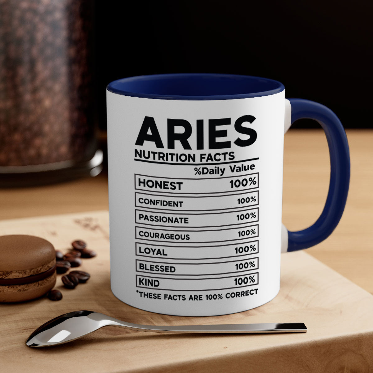 Aries Nutrition Facts 97# Mug with colored handle and glossy finish, available in multiple colors and sizes.