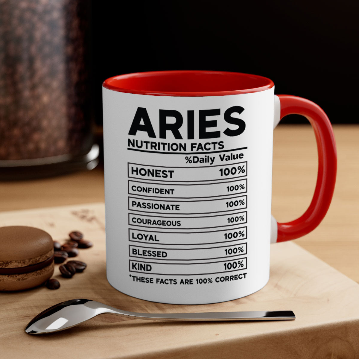 Aries Nutrition Facts 97# Mug with colored handle and glossy finish, available in multiple colors and sizes.