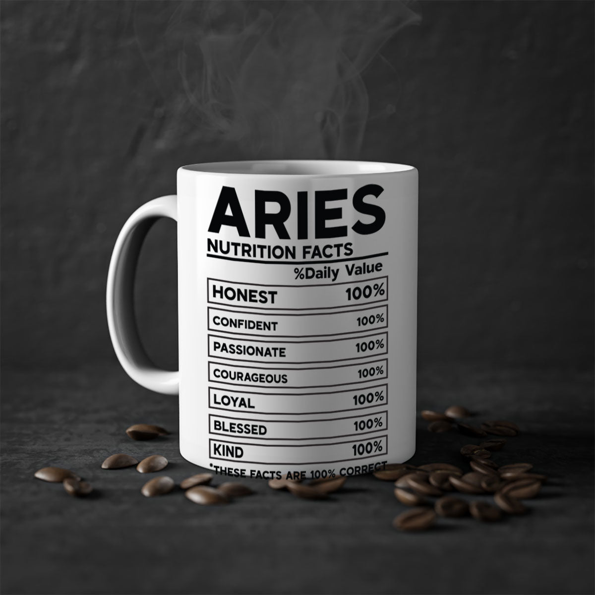 Aries Nutrition Facts 97# Mug with colored handle and glossy finish, available in multiple colors and sizes.