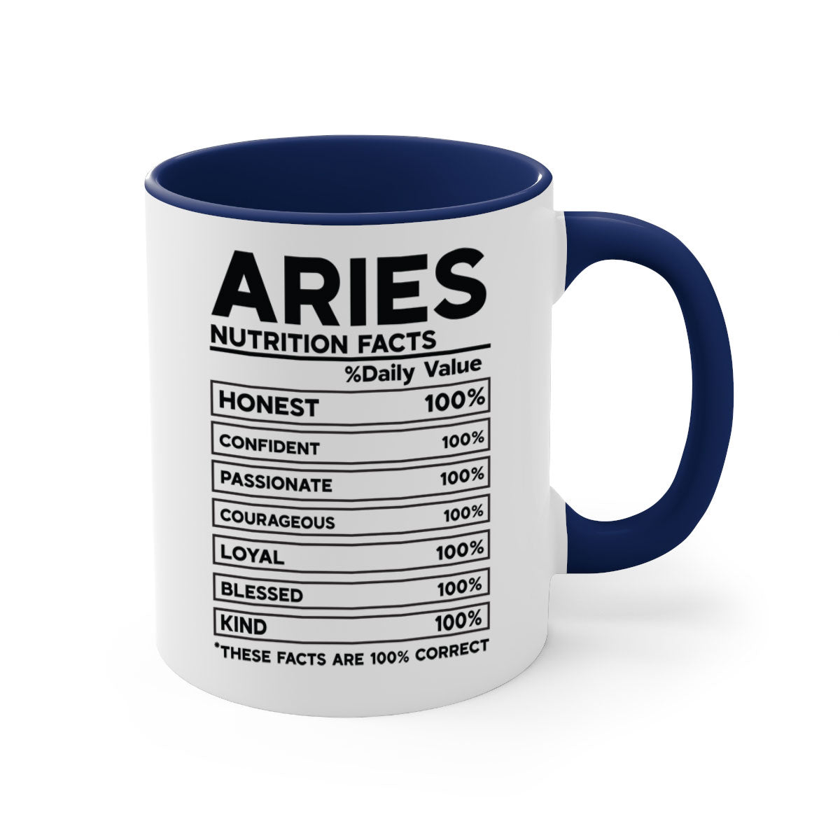 Aries Nutrition Facts 97# Mug with colored handle and glossy finish, available in multiple colors and sizes.