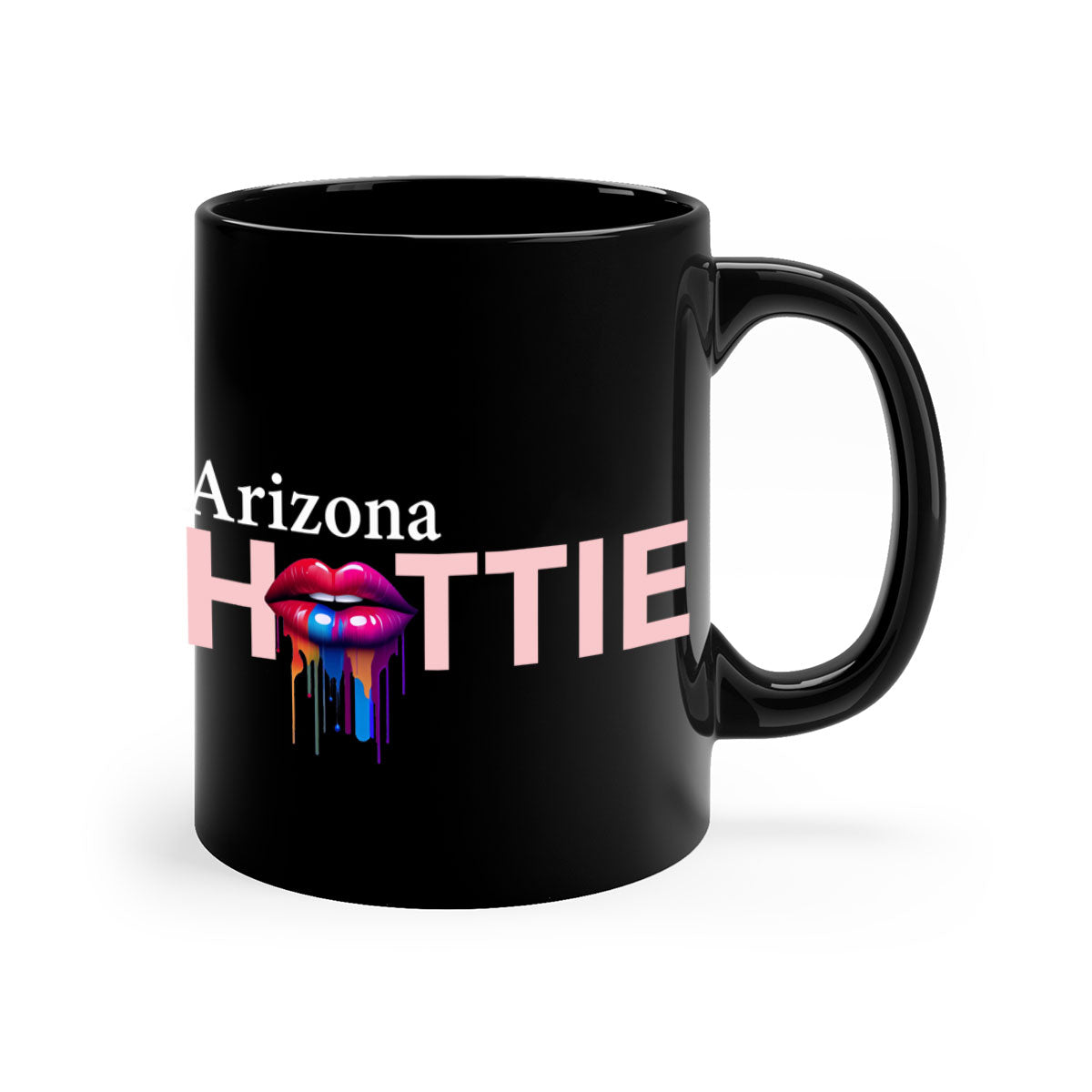 Arizona Hottie Mug with dripping lips design, featuring a glossy finish and colored handle, available in multiple colors.