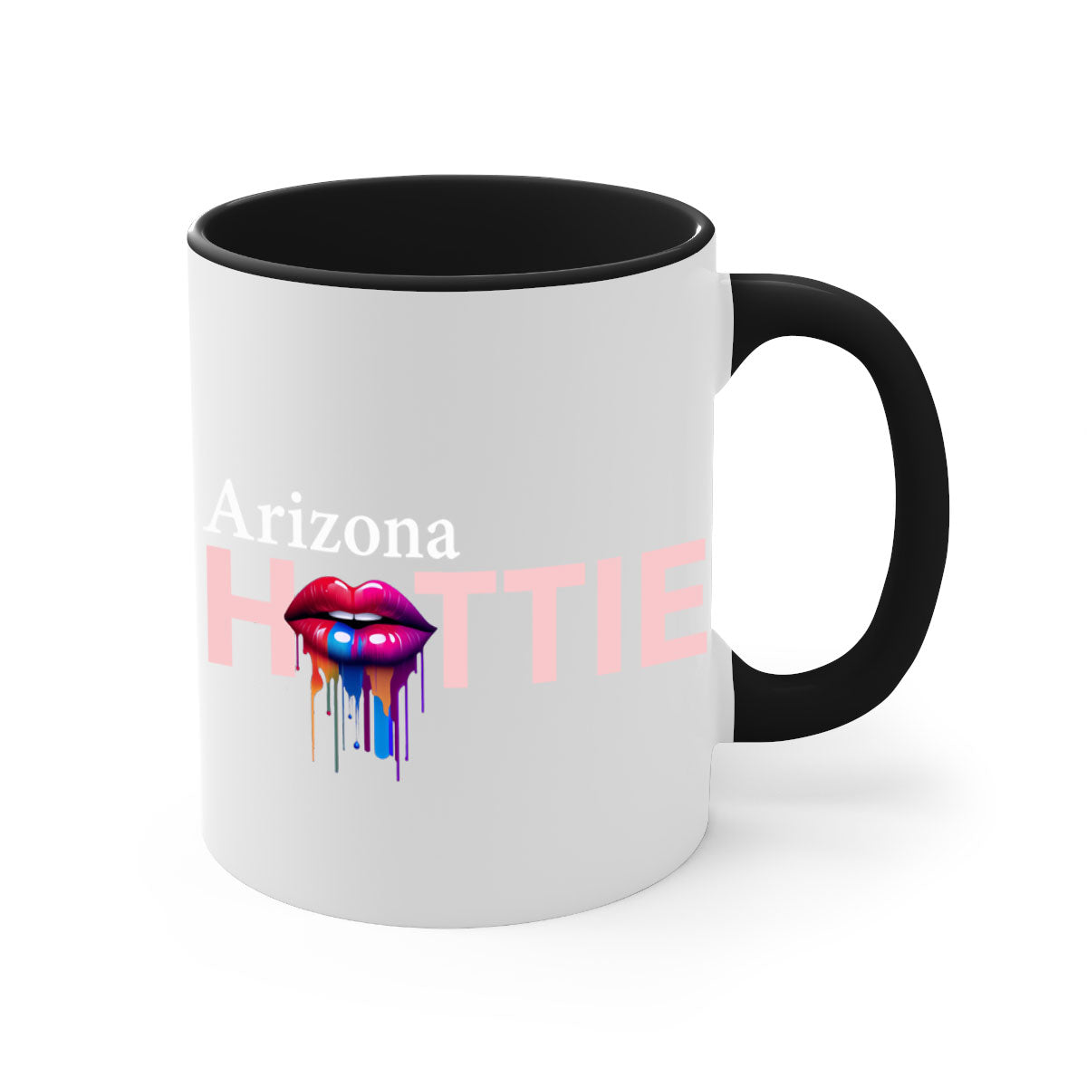 Arizona Hottie Mug with dripping lips design, featuring a glossy finish and colored handle, available in multiple colors.