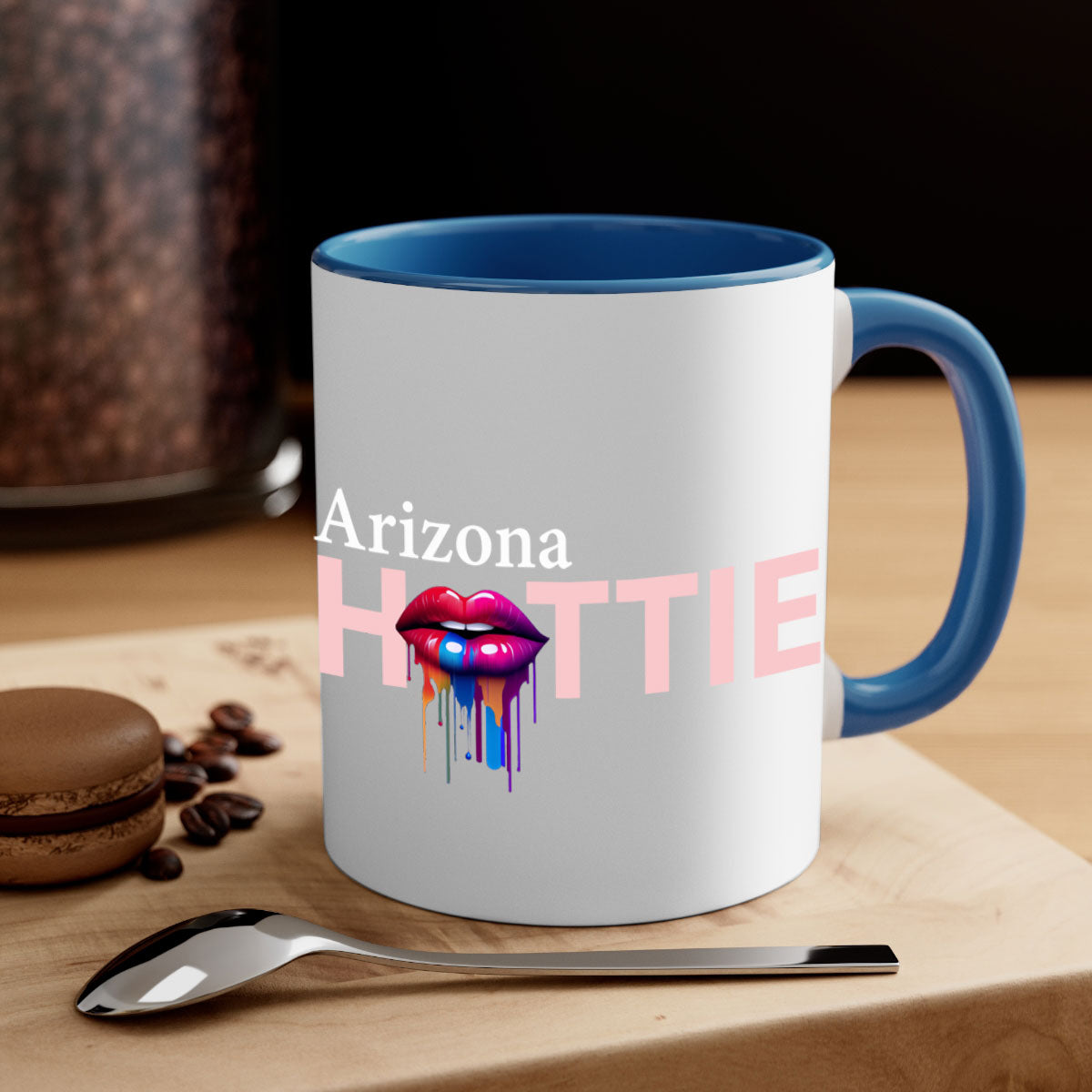 Arizona Hottie Mug with dripping lips design, featuring a glossy finish and colored handle, available in multiple colors.