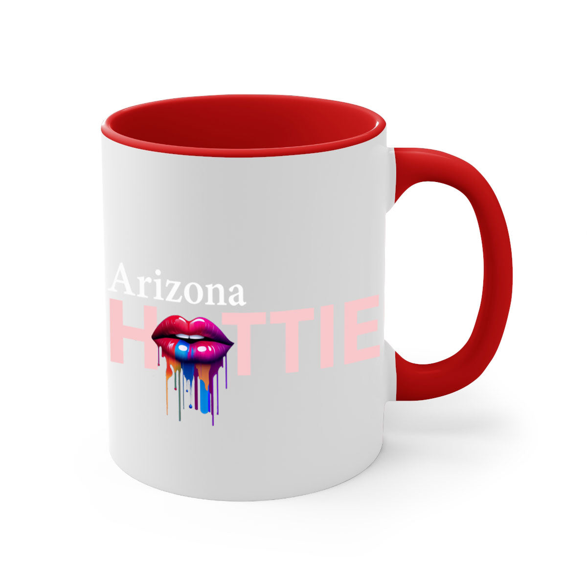 Arizona Hottie Mug with dripping lips design, featuring a glossy finish and colored handle, available in multiple colors.