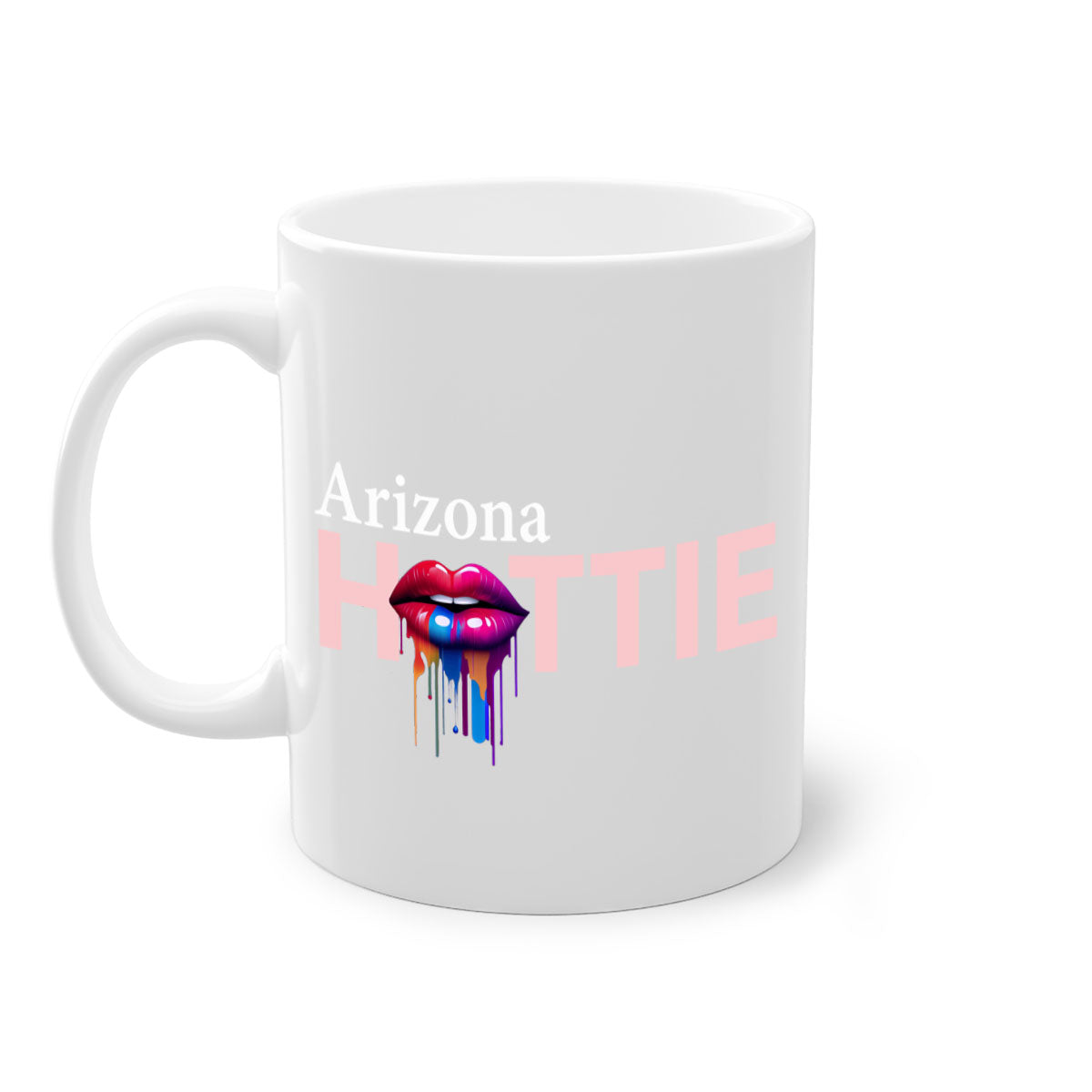 Arizona Hottie Mug with dripping lips design, featuring a glossy finish and colored handle, available in multiple colors.