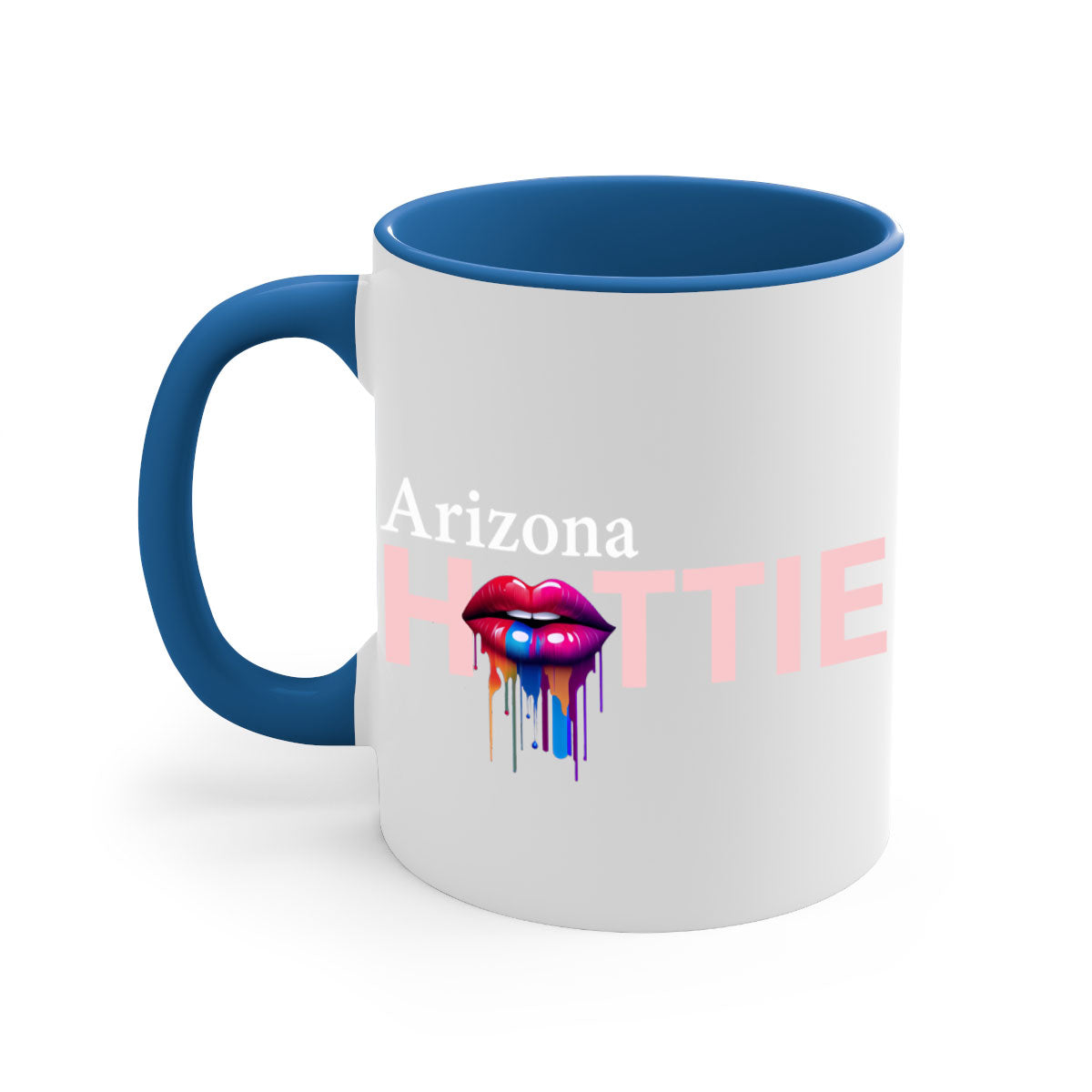 Arizona Hottie Mug with dripping lips design, featuring a glossy finish and colored handle, available in multiple colors.