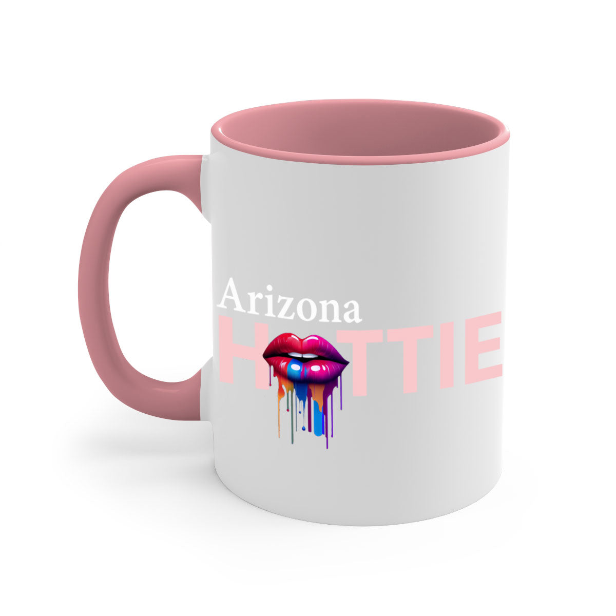 Arizona Hottie Mug with dripping lips design, featuring a glossy finish and colored handle, available in multiple colors.