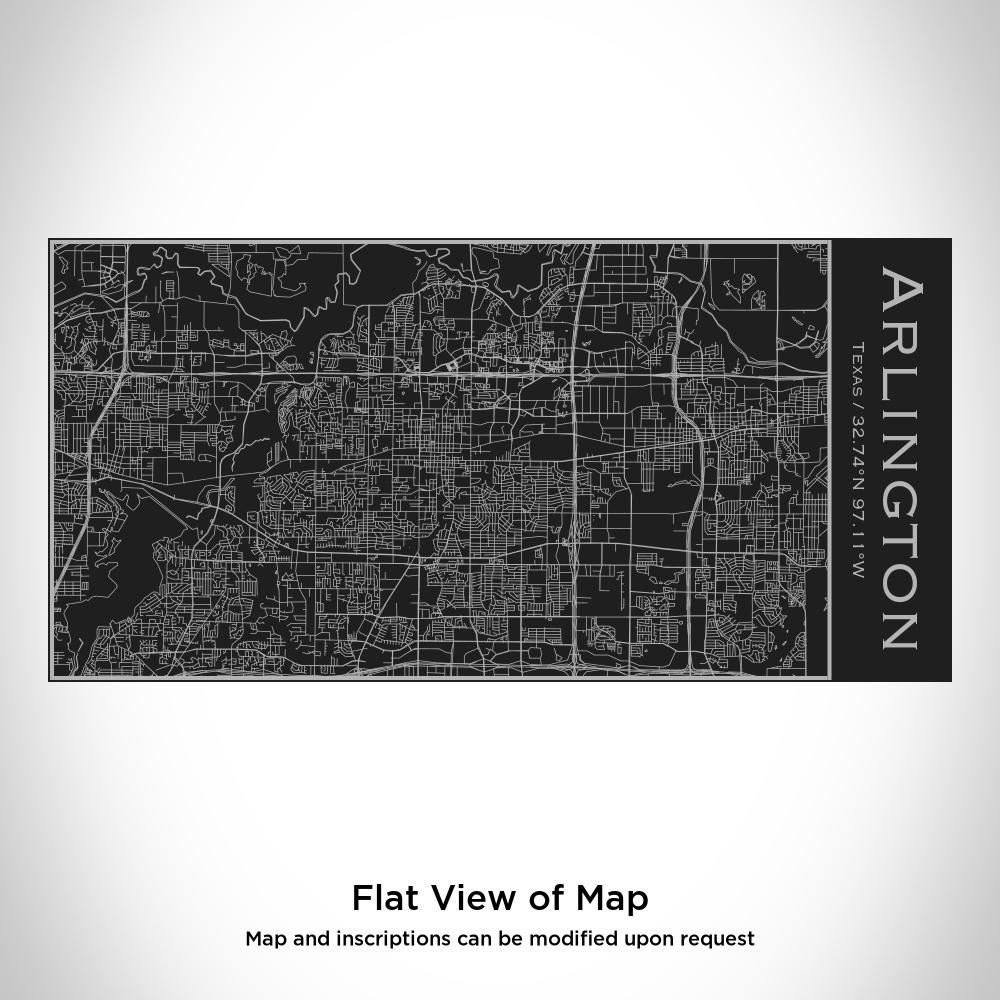 Matte black insulated stainless steel bottle featuring a custom engraved map of Arlington, Texas with coordinates.
