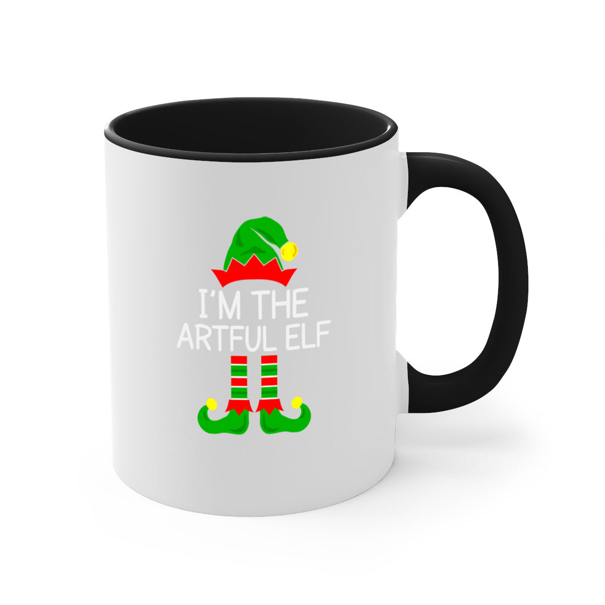 Artful elf style Christmas mug with colorful handle and glossy finish, available in multiple colors and sizes.