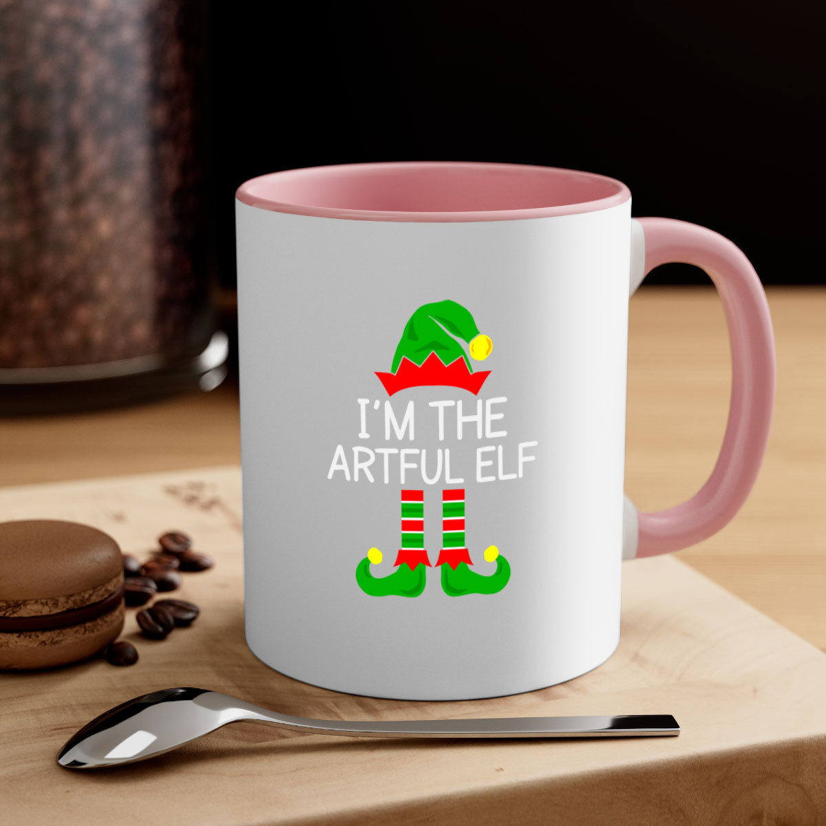 Artful elf style Christmas mug with colorful handle and glossy finish, available in multiple colors and sizes.