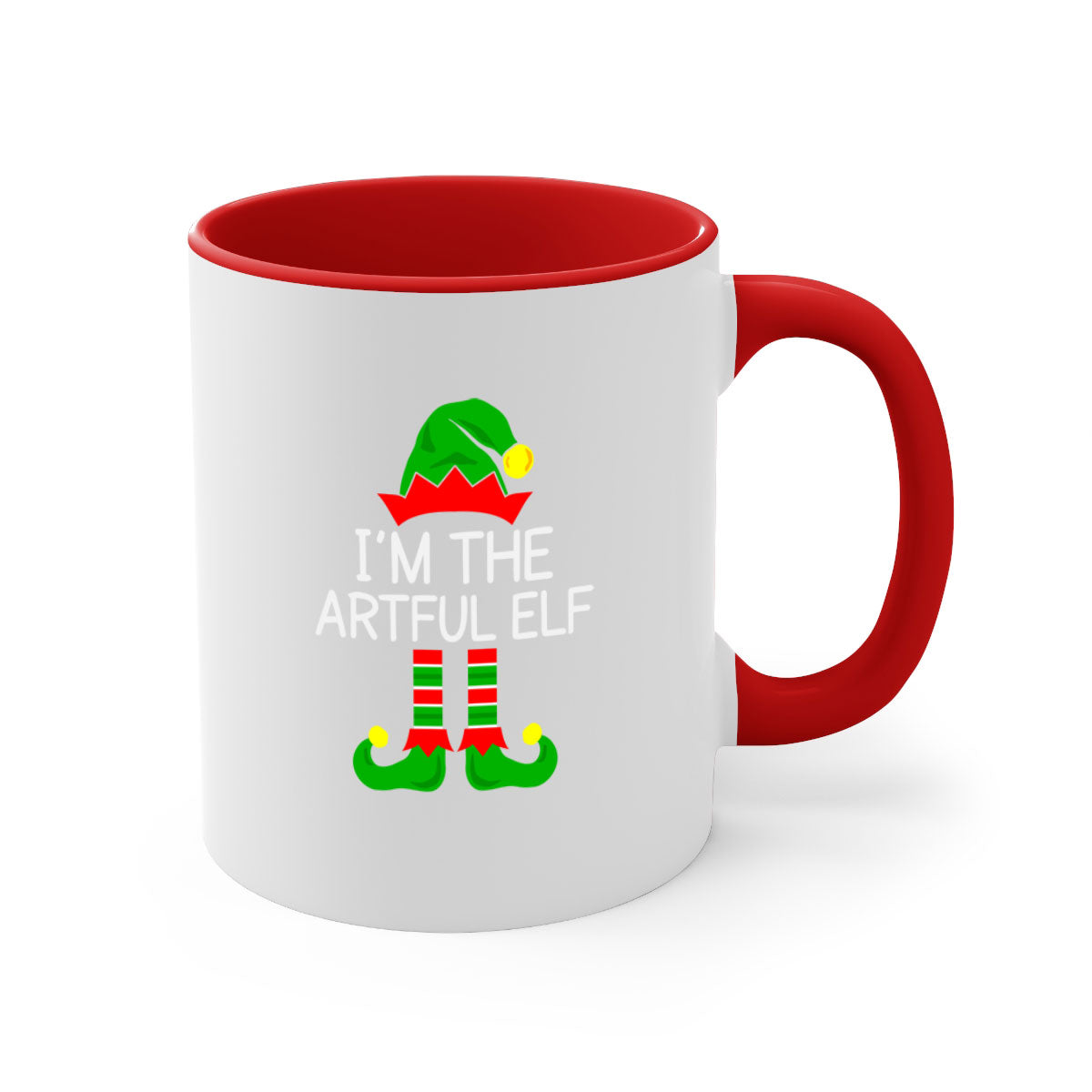 Artful elf style Christmas mug with colorful handle and glossy finish, available in multiple colors and sizes.