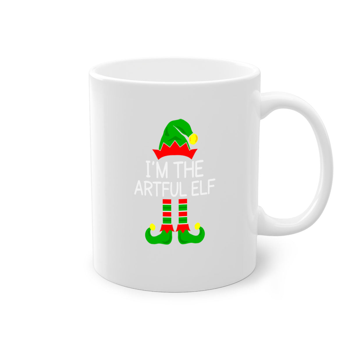 Artful elf style Christmas mug with colorful handle and glossy finish, available in multiple colors and sizes.