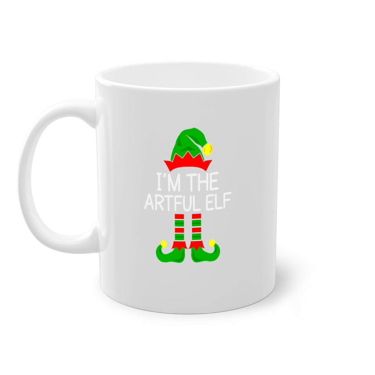 Artful elf style Christmas mug with colorful handle and glossy finish, available in multiple colors and sizes.