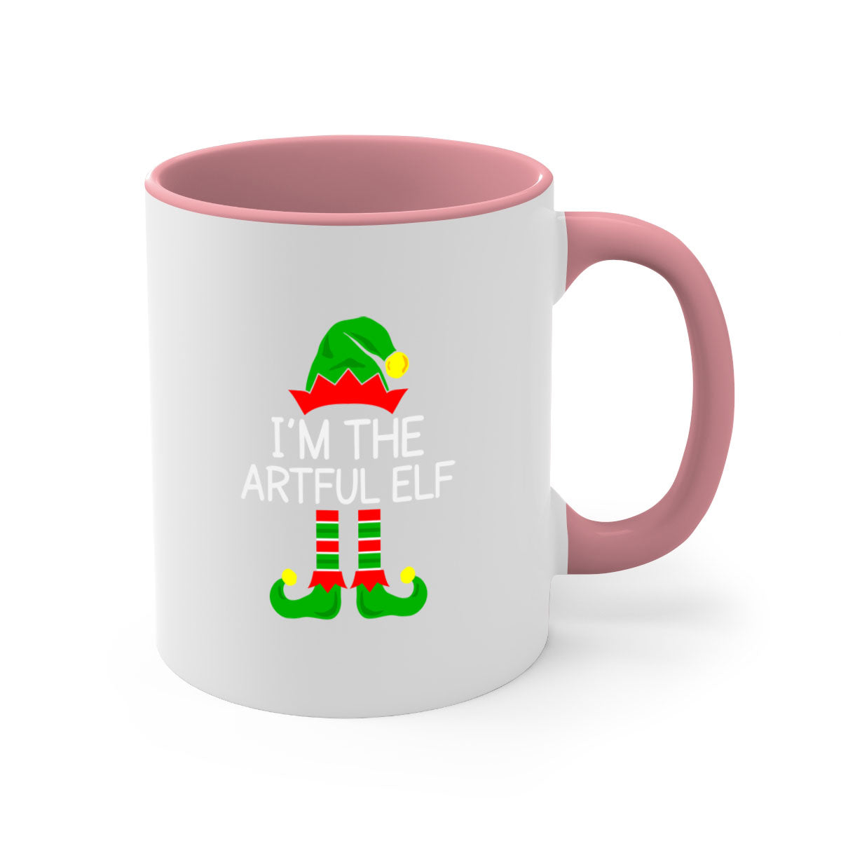 Artful elf style Christmas mug with colorful handle and glossy finish, available in multiple colors and sizes.