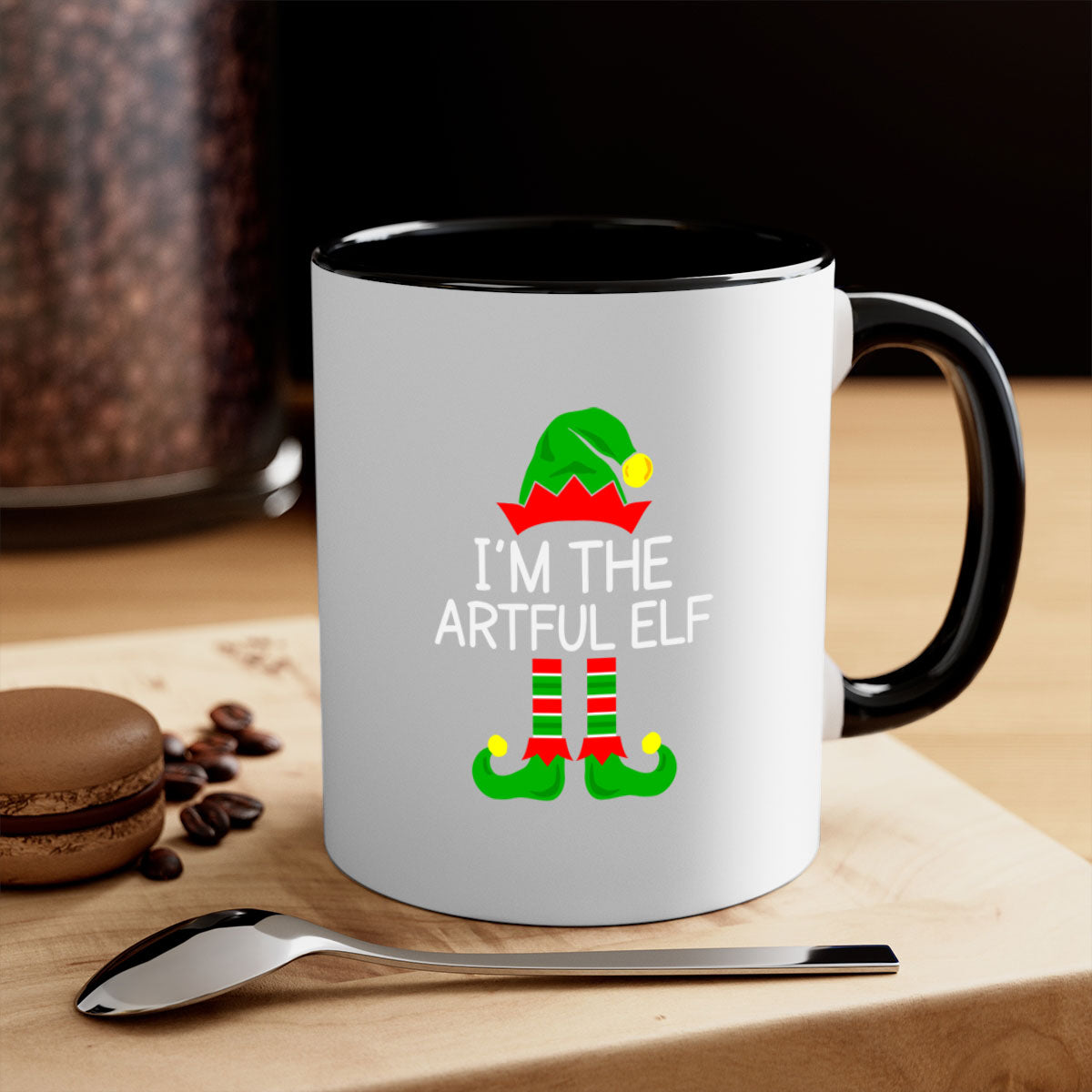 Artful elf style Christmas mug with colorful handle and glossy finish, available in multiple colors and sizes.