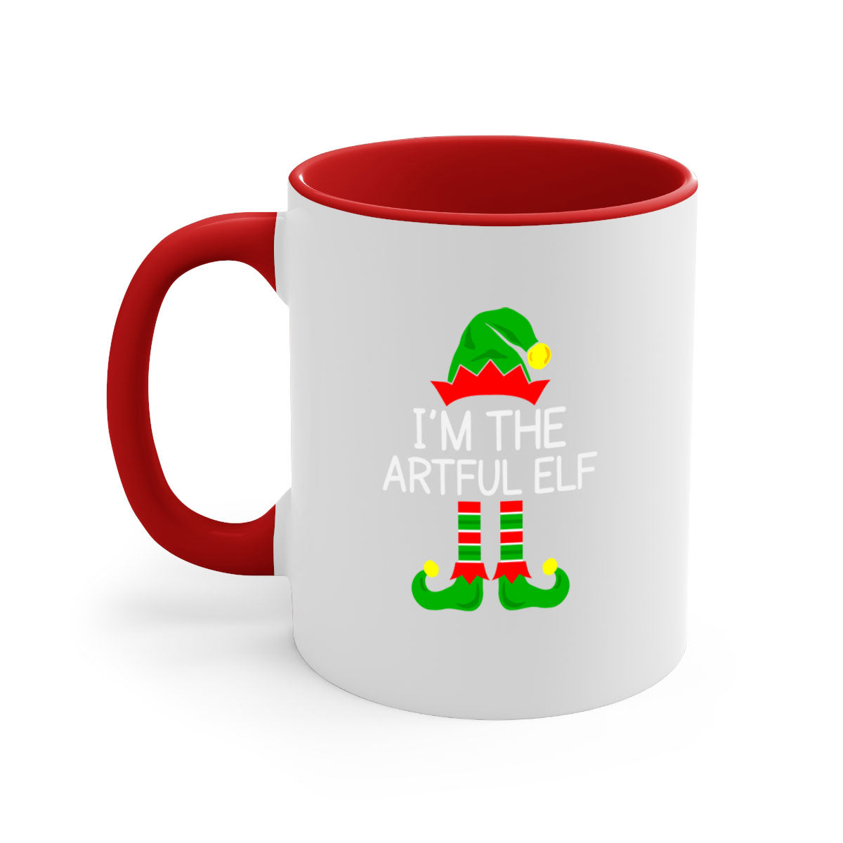 Artful elf style Christmas mug with colorful handle and glossy finish, available in multiple colors and sizes.