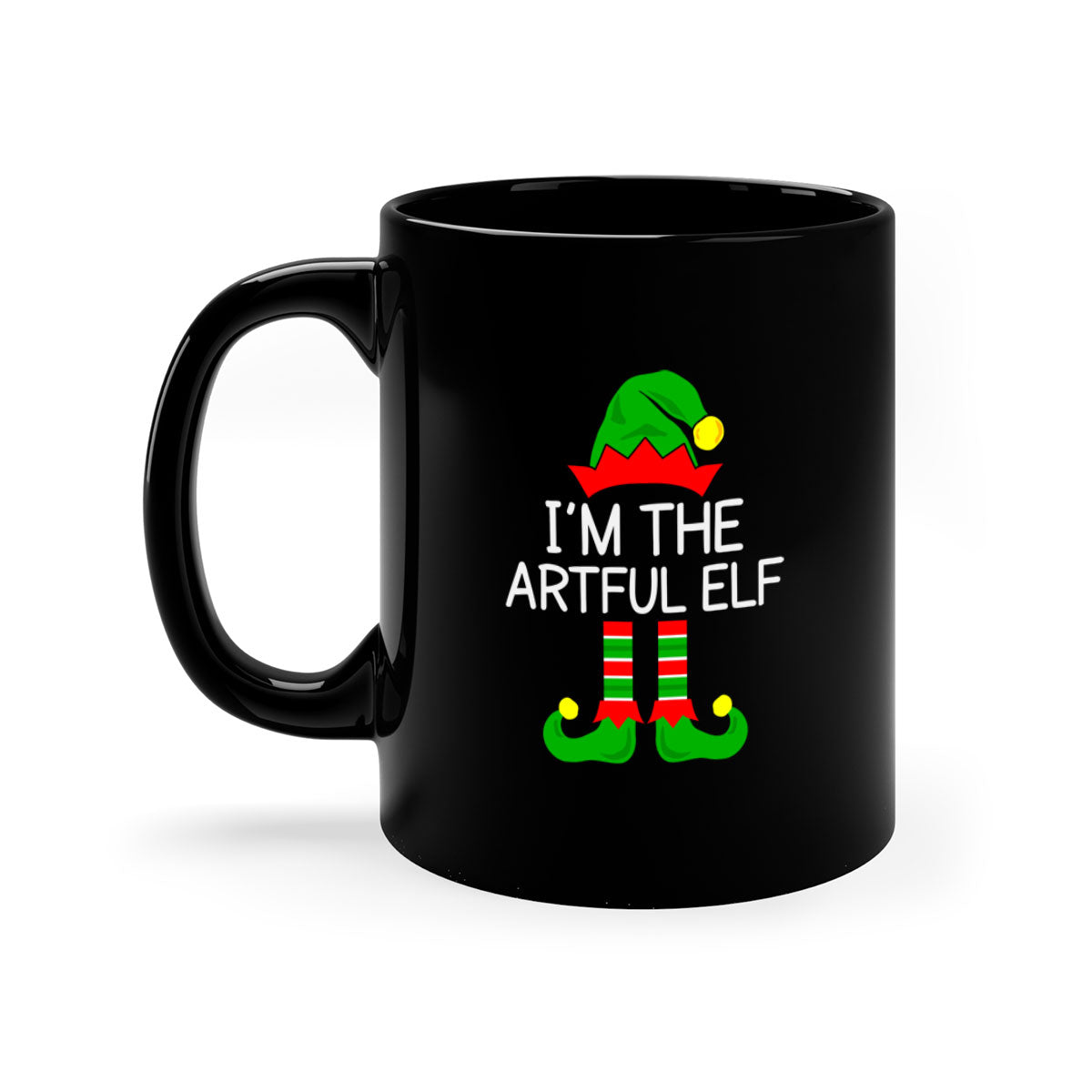 Artful elf style Christmas mug with colorful handle and glossy finish, available in multiple colors and sizes.