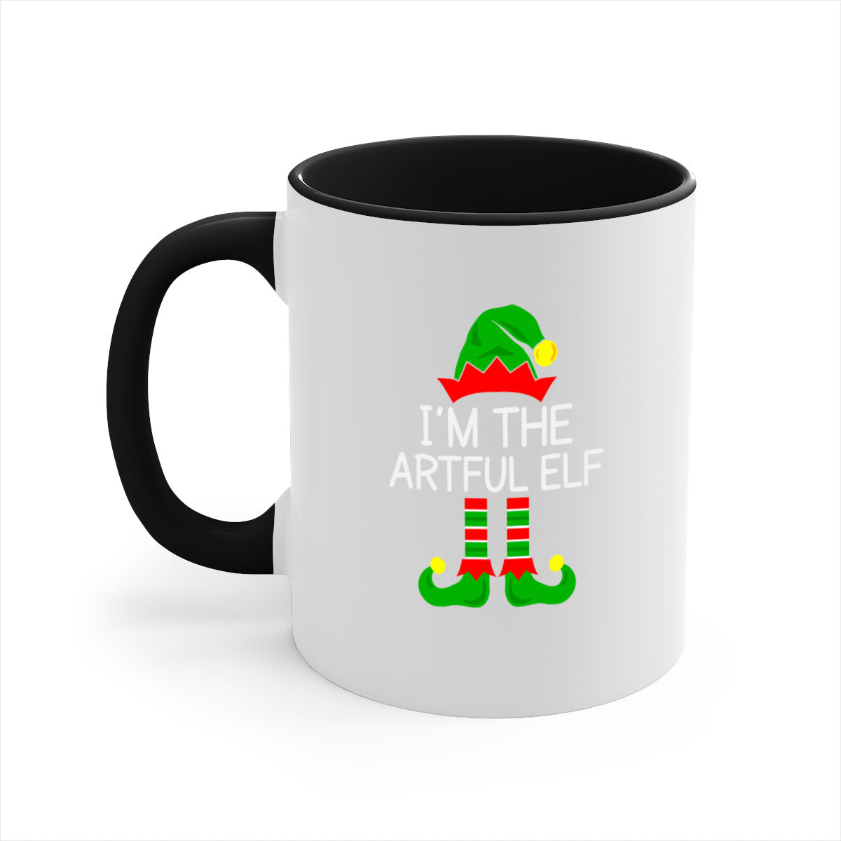 Artful elf style Christmas mug with colorful handle and glossy finish, available in multiple colors and sizes.