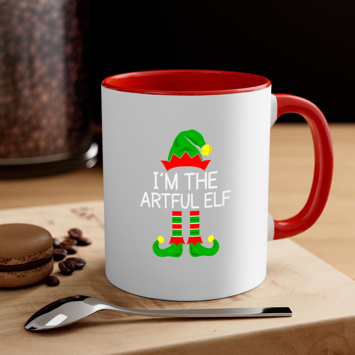 Artful elf style Christmas mug with colorful handle and glossy finish, available in multiple colors and sizes.