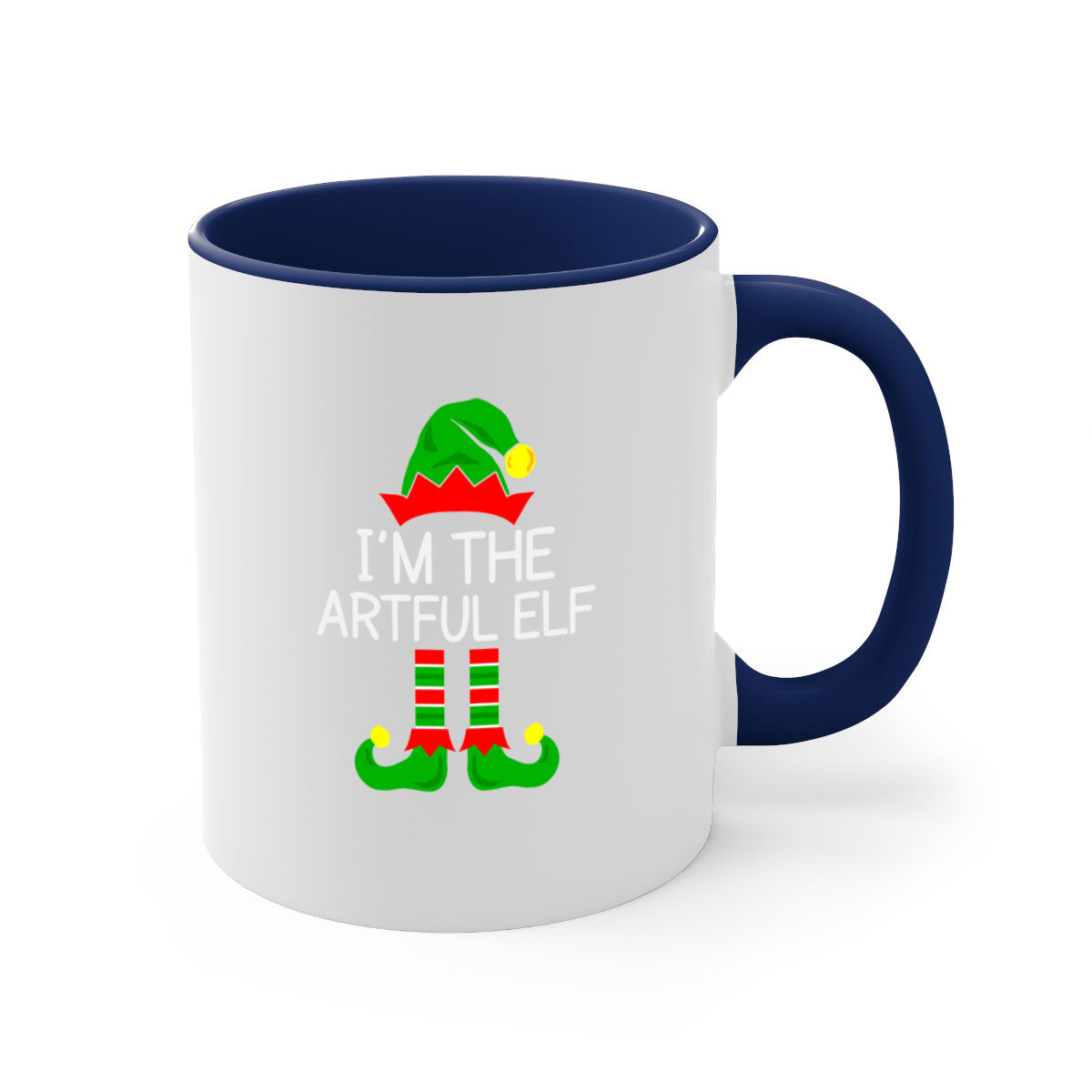 Artful elf style Christmas mug with colorful handle and glossy finish, available in multiple colors and sizes.