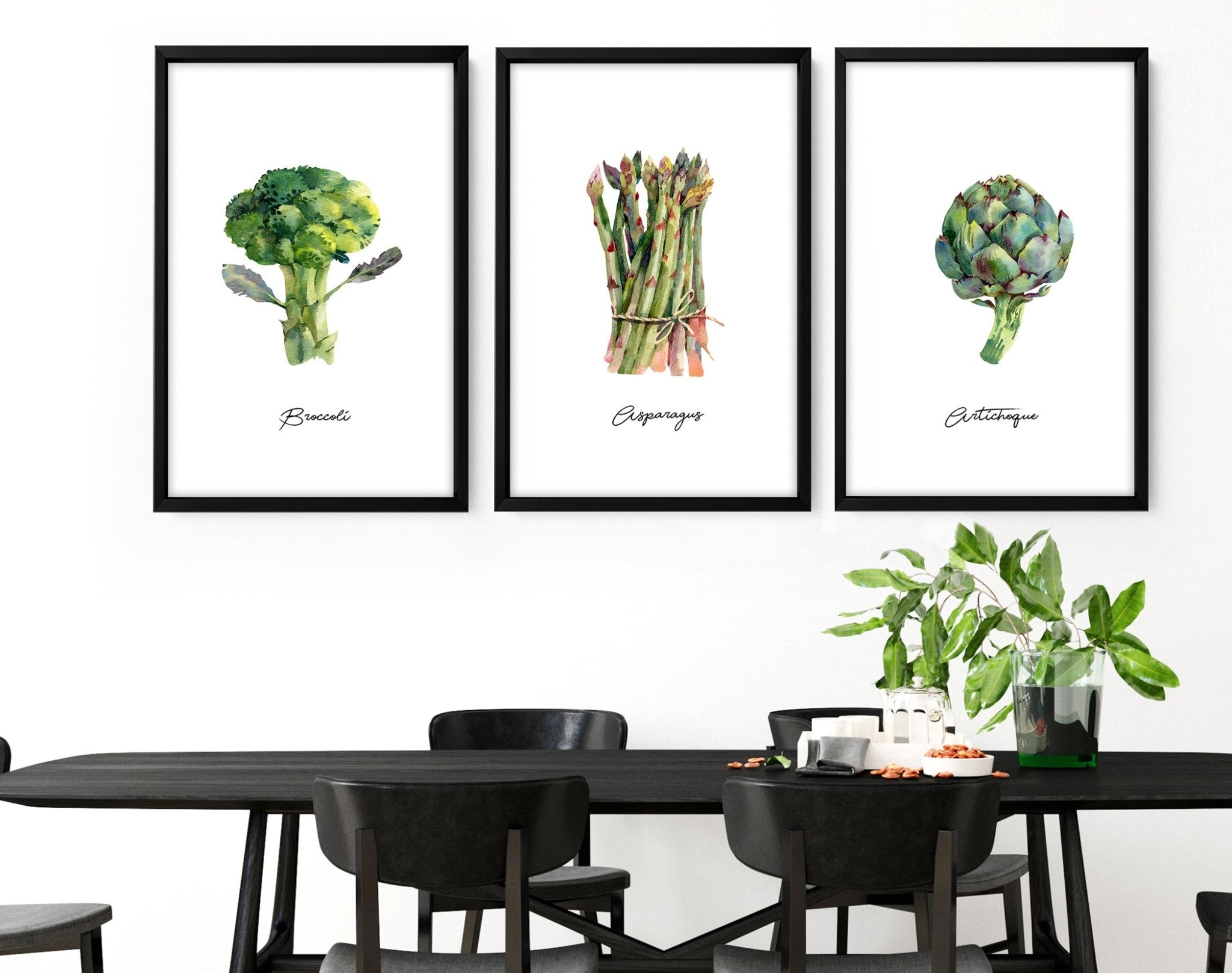 Set of 3 framed vegetable wall art prints featuring vibrant illustrations of fresh vegetables, perfect for kitchen decor.