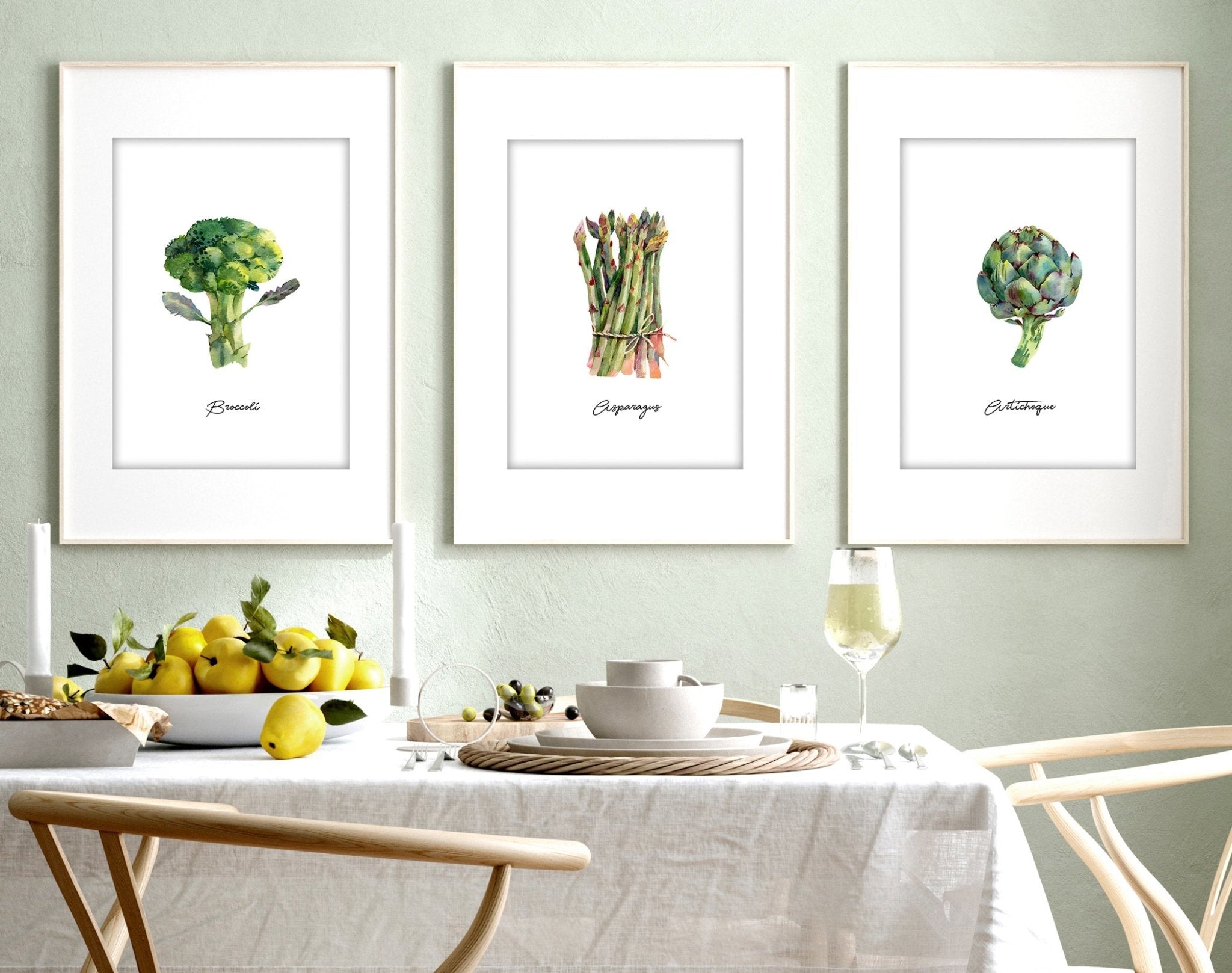 Set of 3 framed vegetable wall art prints featuring vibrant illustrations of fresh vegetables, perfect for kitchen decor.