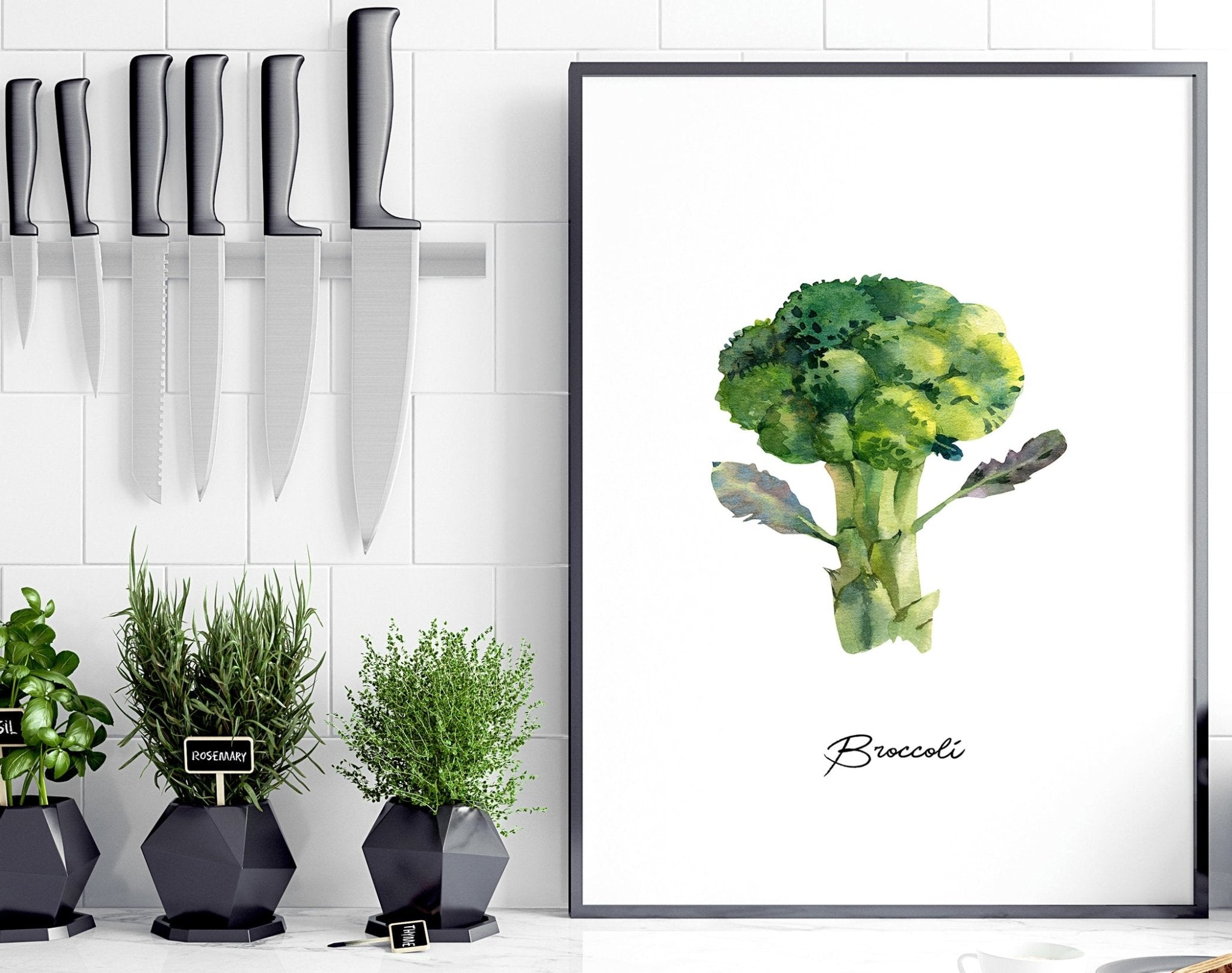 Set of 3 framed vegetable wall art prints featuring vibrant illustrations of fresh vegetables, perfect for kitchen decor.